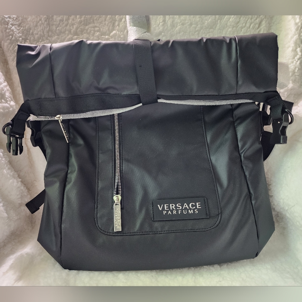 Versace Black Backpack with Roll-Top Closure and Modern Design
